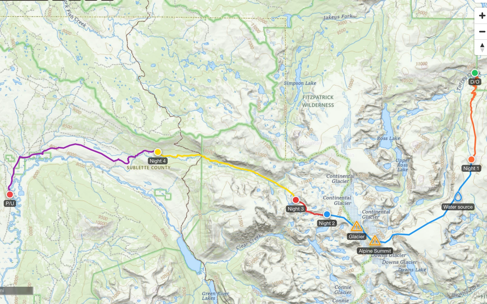 Field Risk OS trip map: a five-day route through the Fitzpatrick Wilderness on a topo map, with campsites, hazards, and a water source