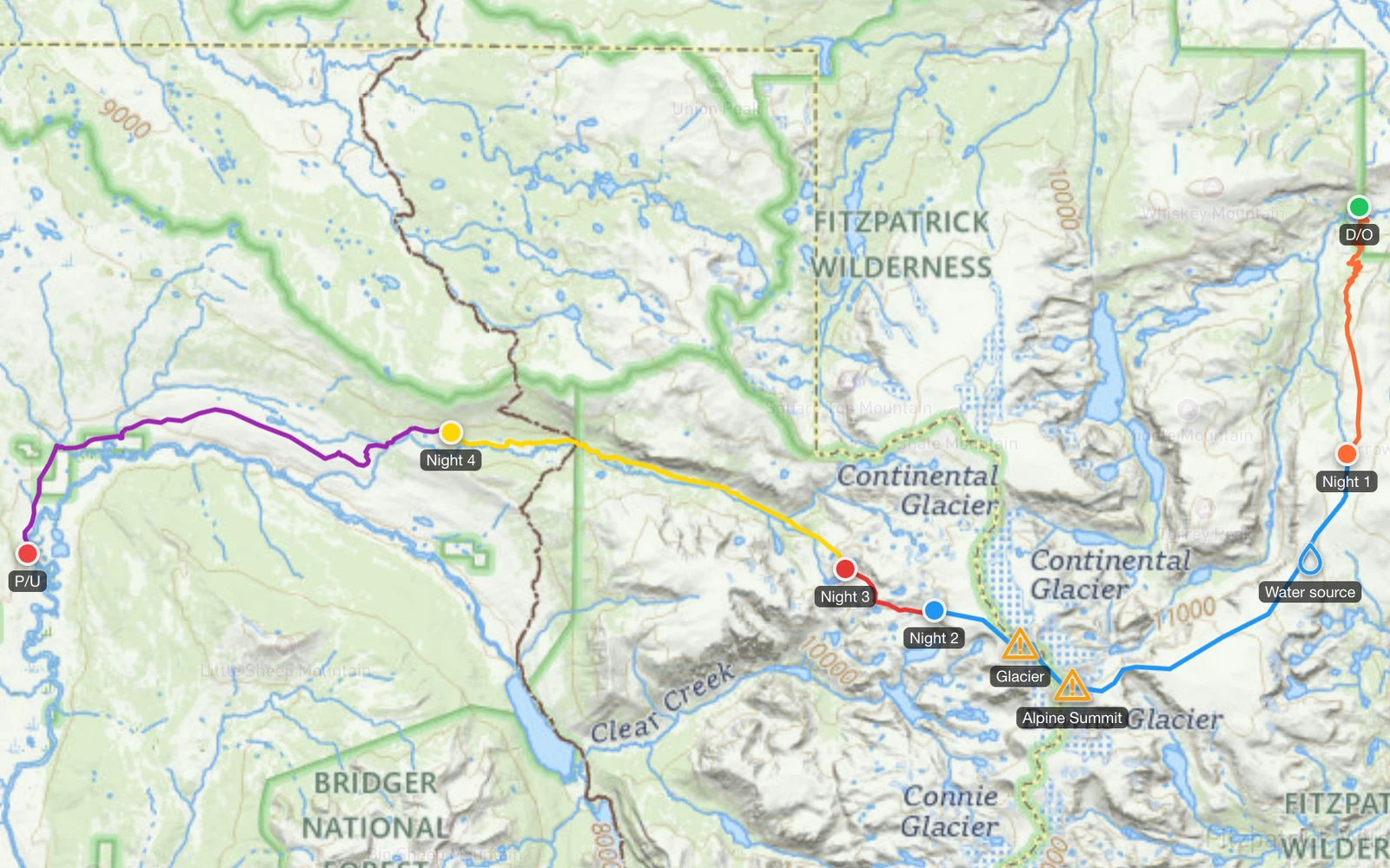 Field Risk OS trip map: a five-day route through the Fitzpatrick Wilderness on a topo map, with campsites, hazards, and a water source