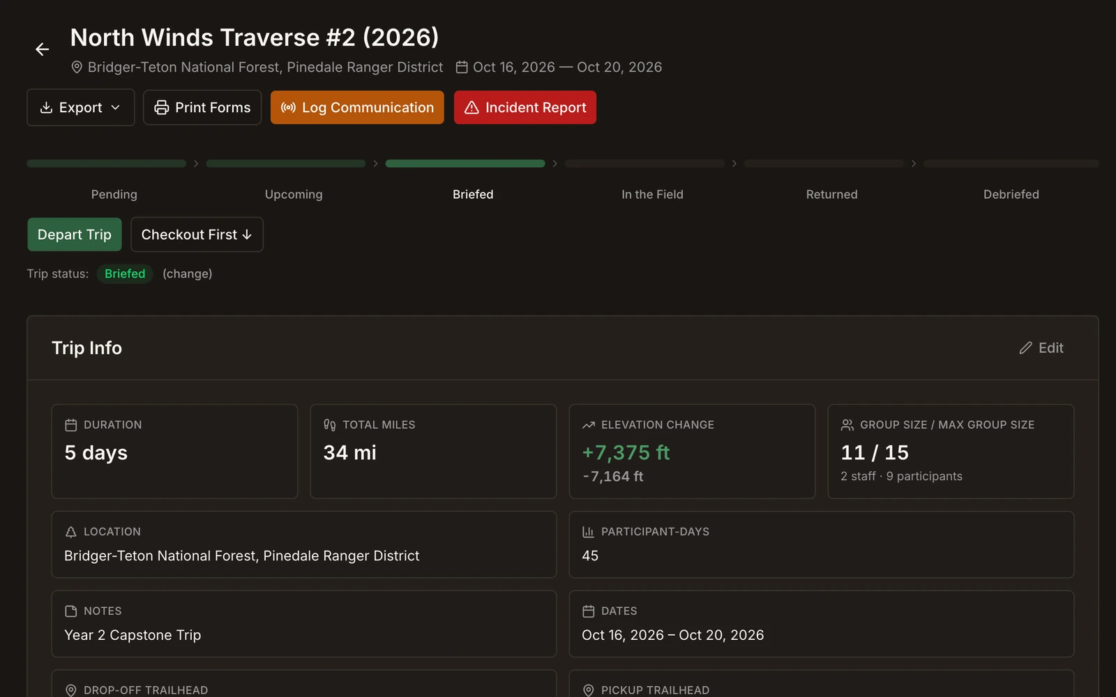 Field Risk OS trip page: the trip lifecycle from Pending to Debriefed, with export, print forms, communication log, and incident report actions, and trip info