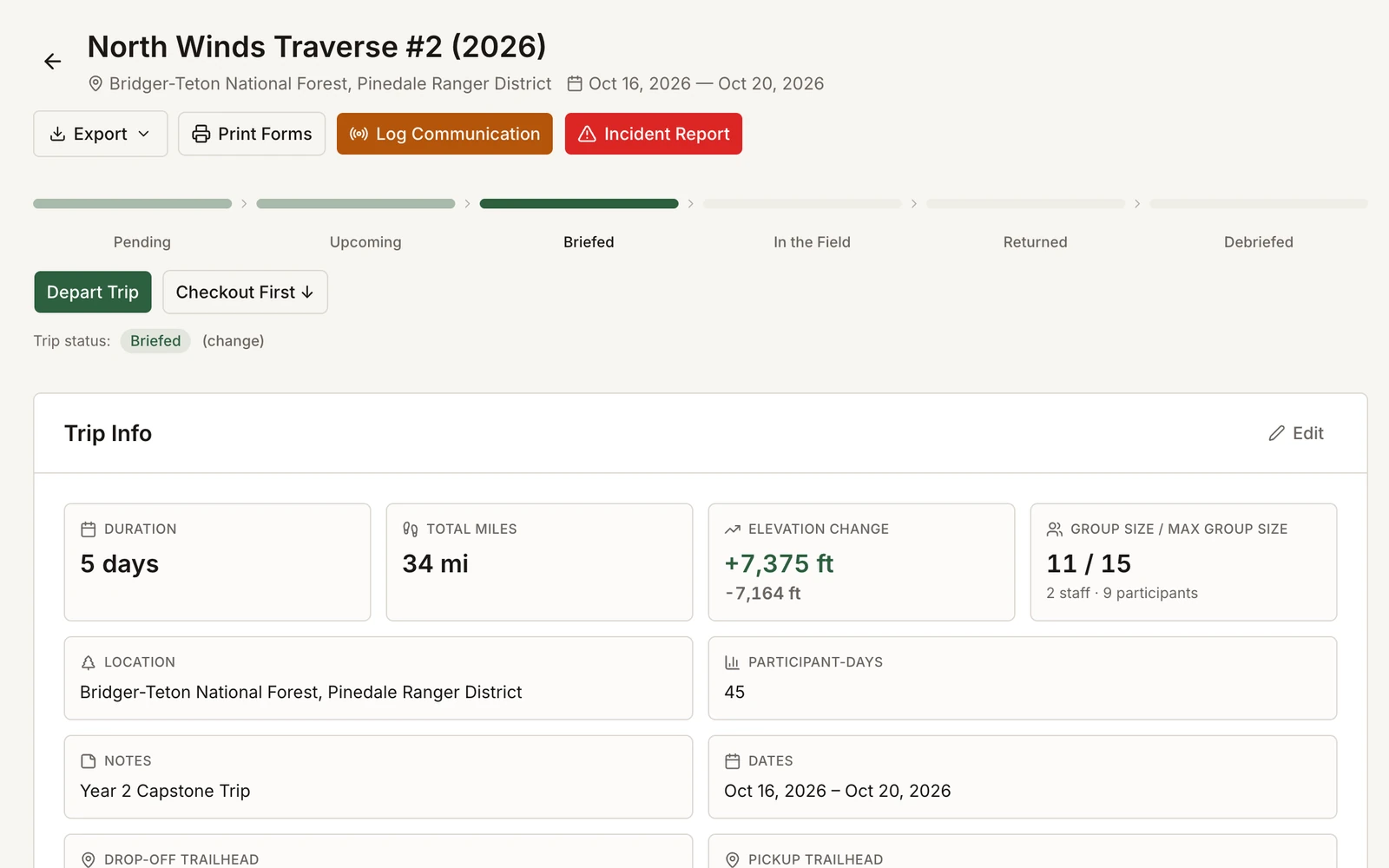 Field Risk OS trip page: the trip lifecycle from Pending to Debriefed, with export, print forms, communication log, and incident report actions, and trip info