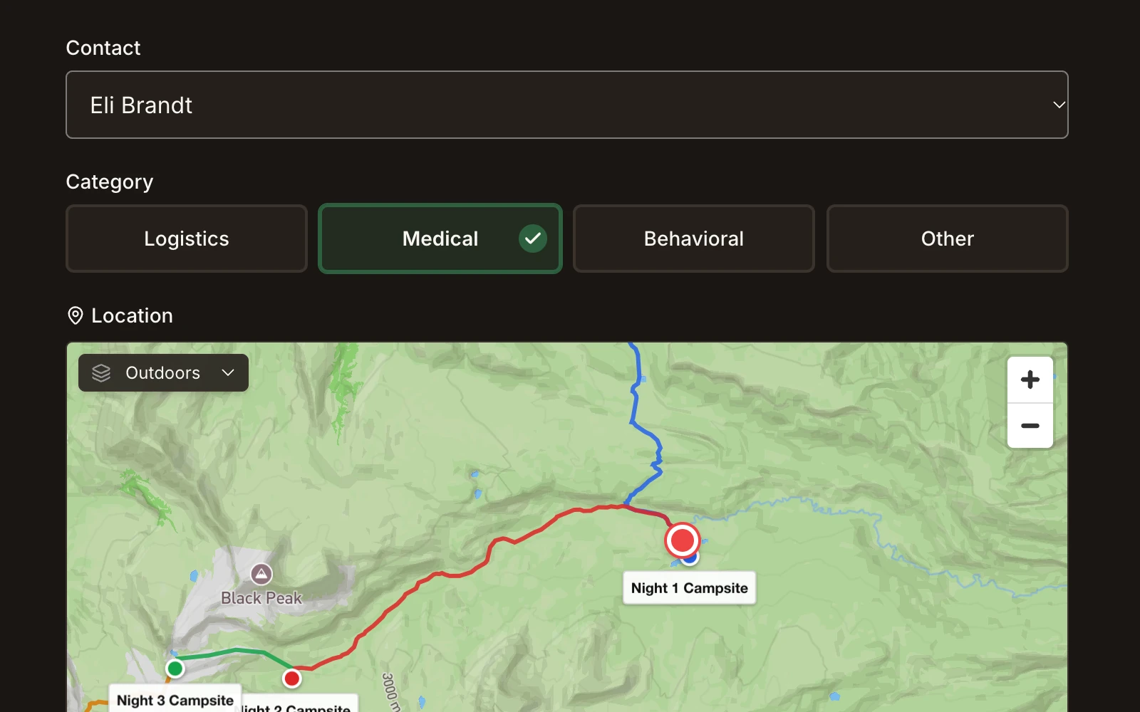Field Risk OS comms log form: a medical call with its contact, category, and location on the trip map