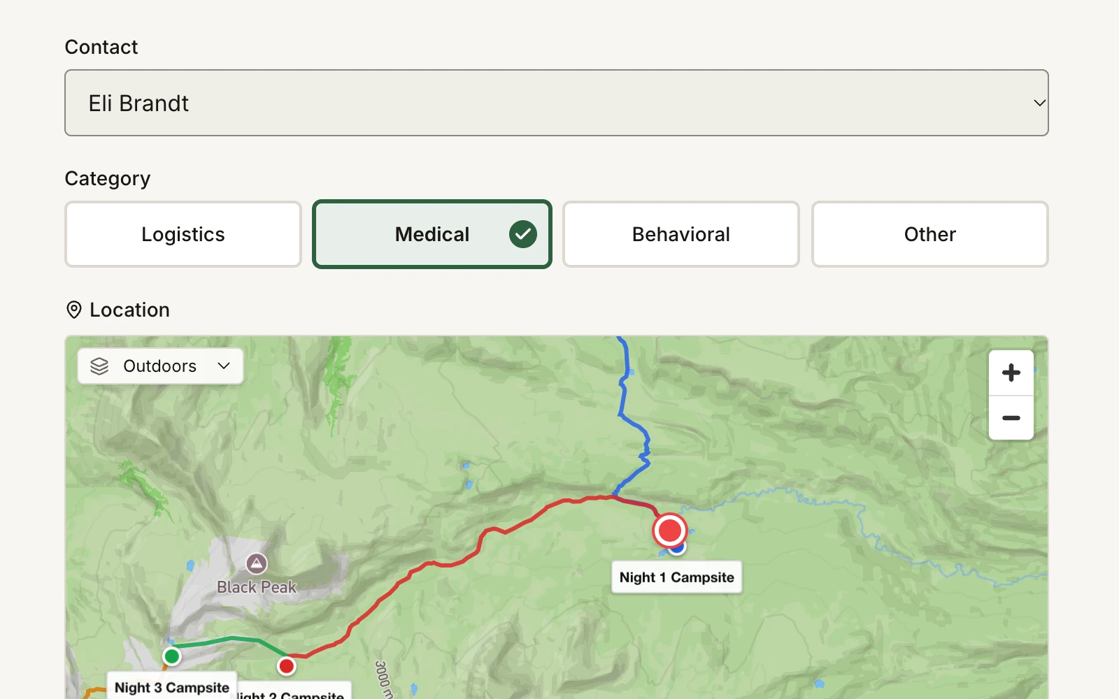 Field Risk OS comms log form: a medical call with its contact, category, and location on the trip map