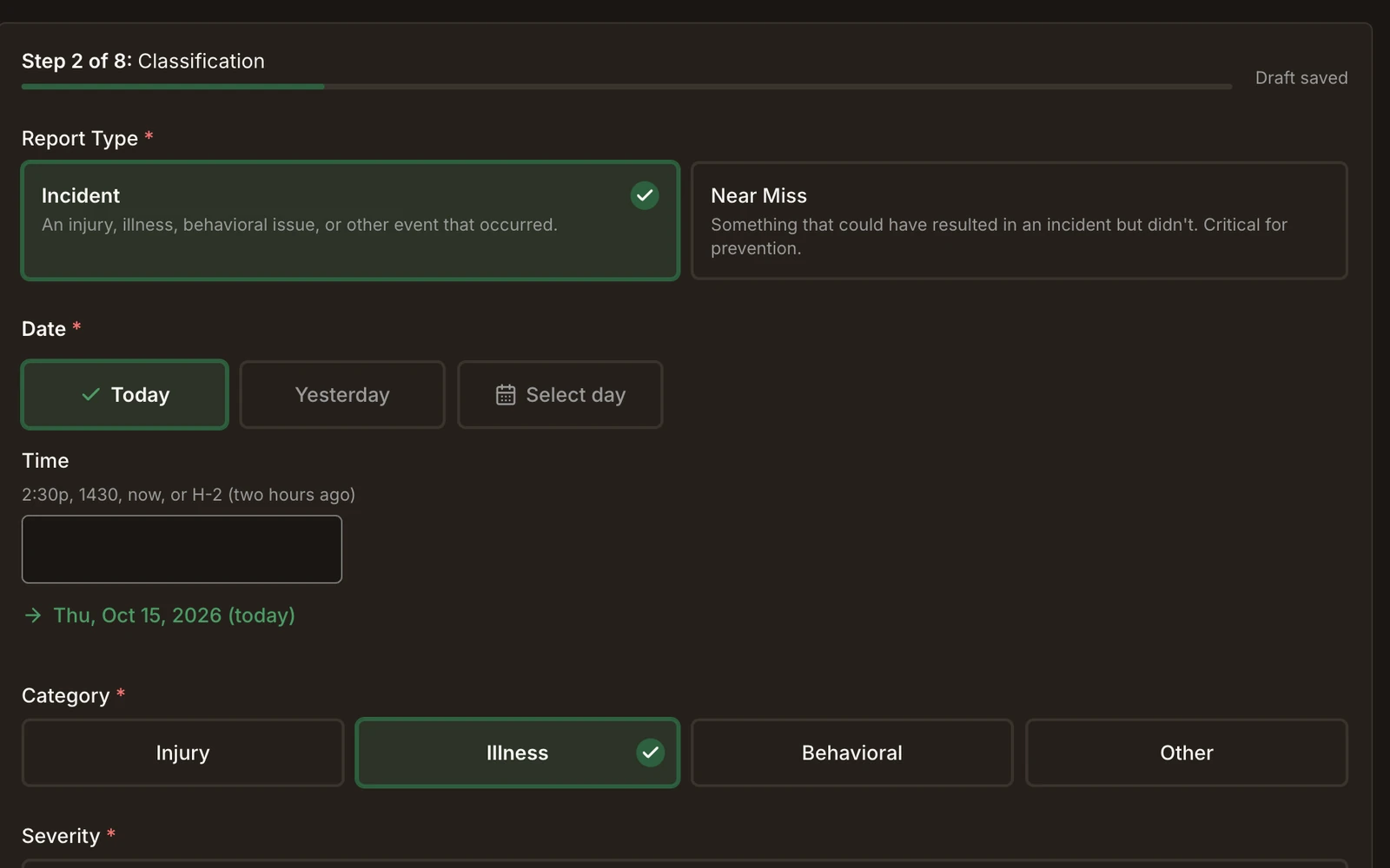 Field Risk OS incident report form, step 2 of 8: report type, date and time, category, and severity