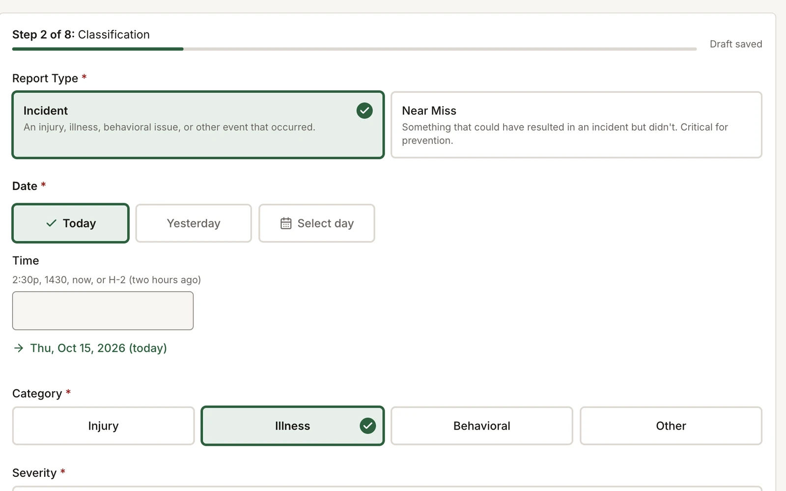 Field Risk OS incident report form, step 2 of 8: report type, date and time, category, and severity
