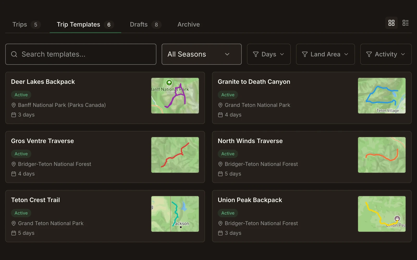 Field Risk OS trip templates library: six templates as cards, each with its route map, land unit, and length