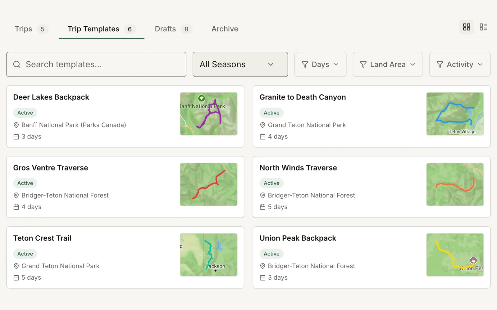 Field Risk OS trip templates library: six templates as cards, each with its route map, land unit, and length