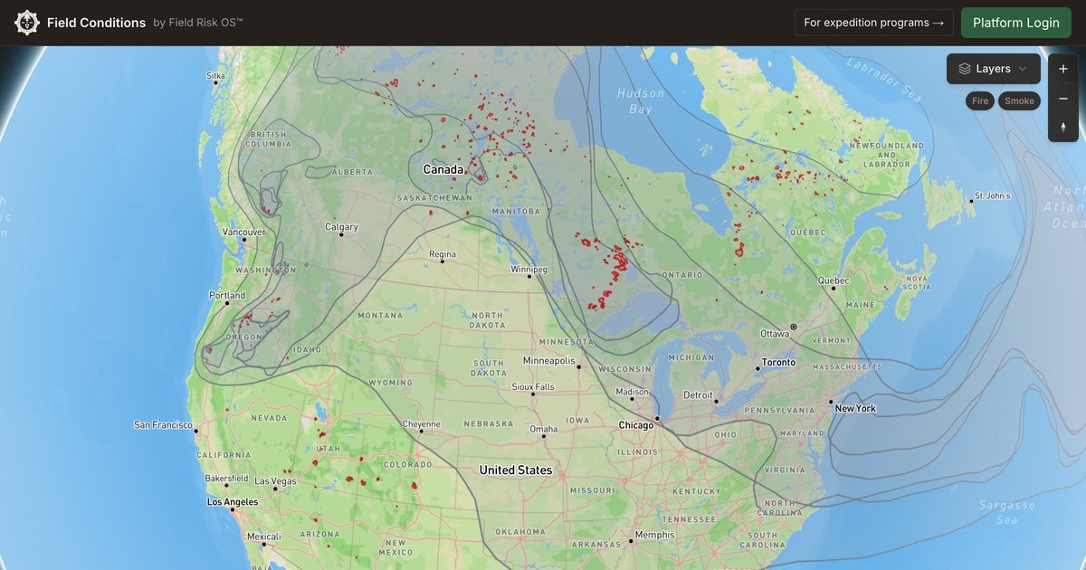 The Field Conditions map showing wildfire perimeters, satellite hotspots, and smoke across North America.