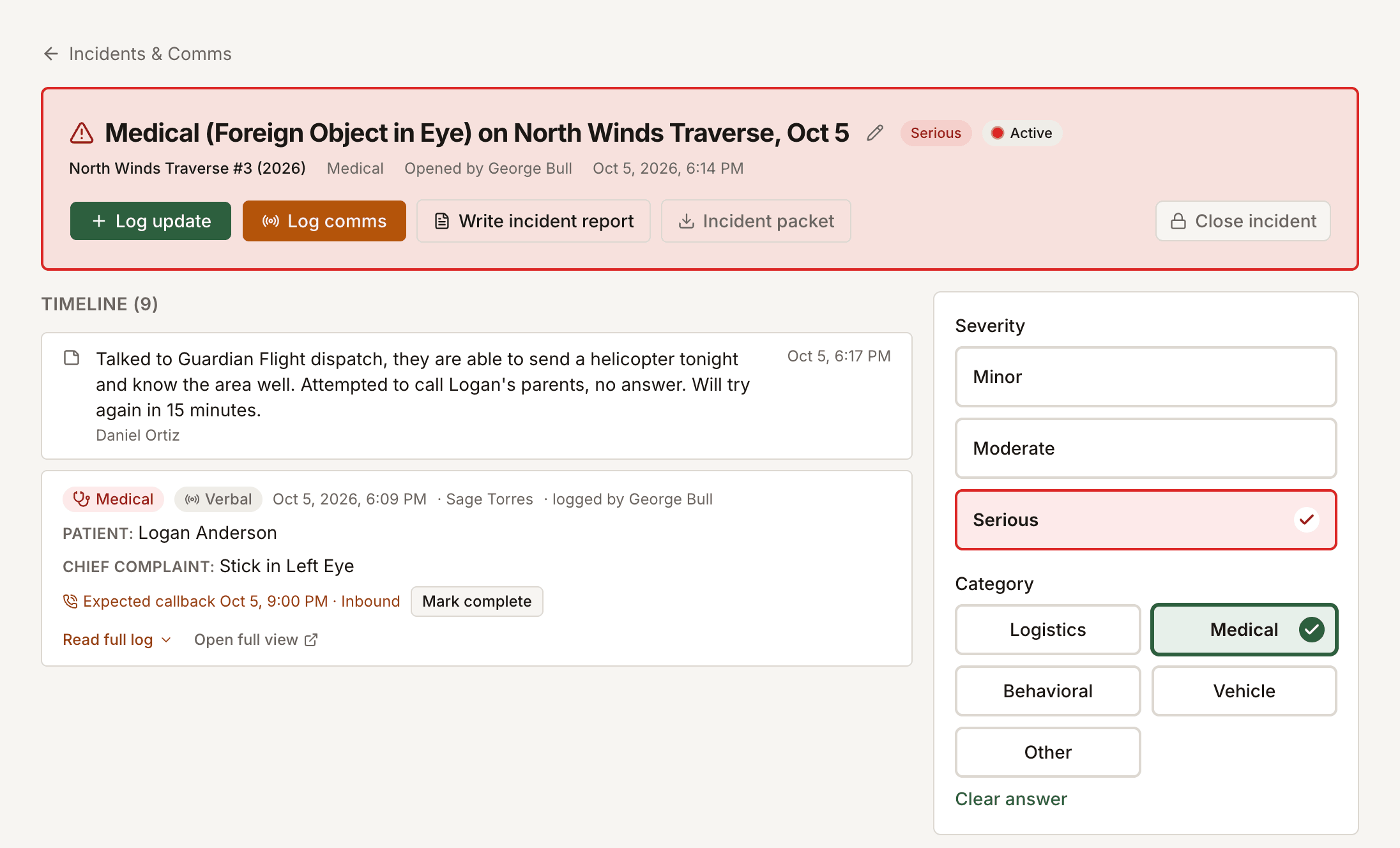 An active incident in Field Risk OS with a running timeline of updates and logs.