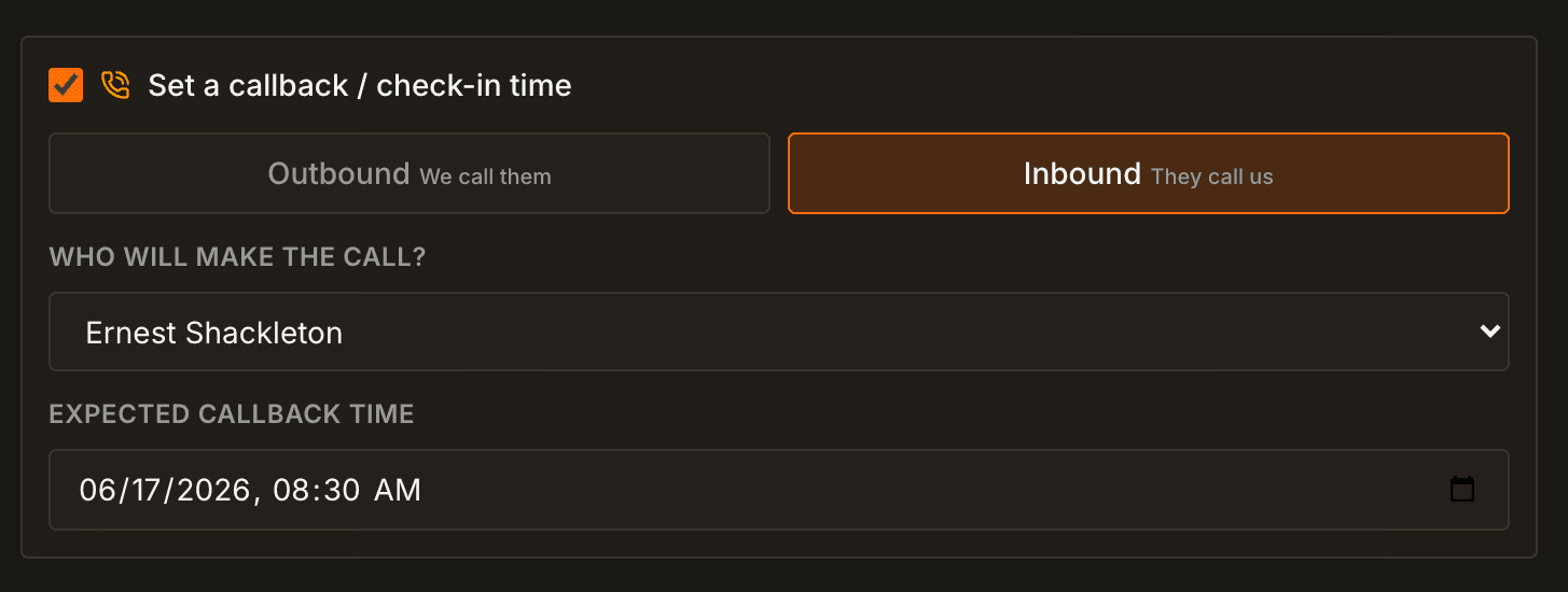 Field Risk OS callback scheduler set to an inbound check-in, with who will make the call and an expected callback time.