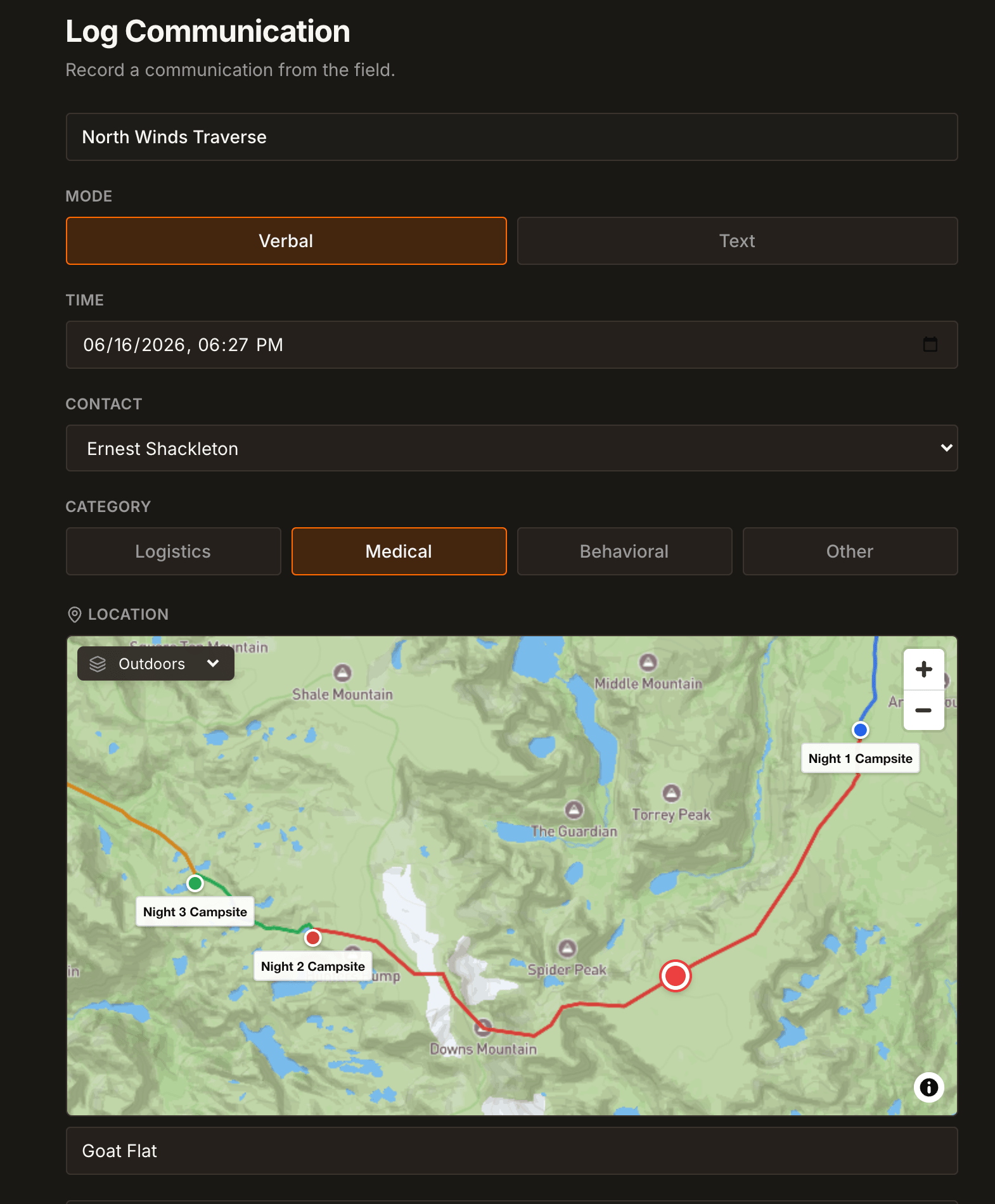 Field Risk OS communications log form showing call mode, time, contact, category, and a USGS topographic map of the route with the group's location.
