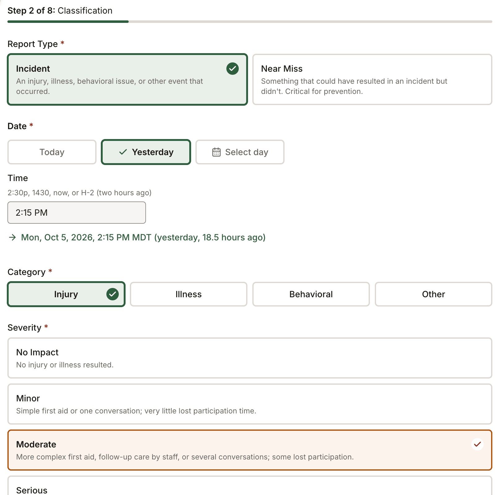 The classification step of an incident report in Field Risk OS, with the report type, date, category, and severity levels defined on screen.