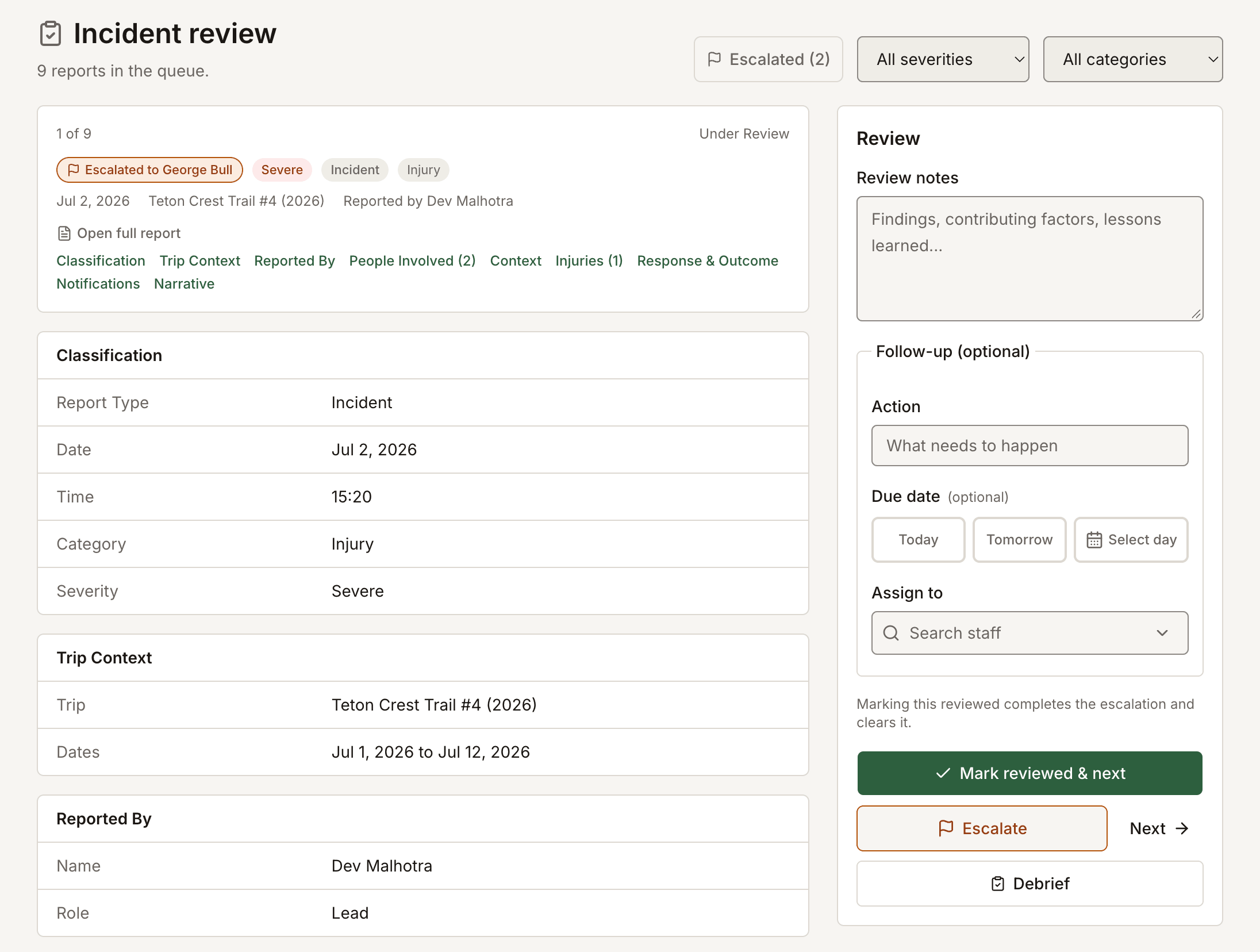 The Field Risk OS incident review queue, with review notes and an optional follow-up action, due date, and owner.