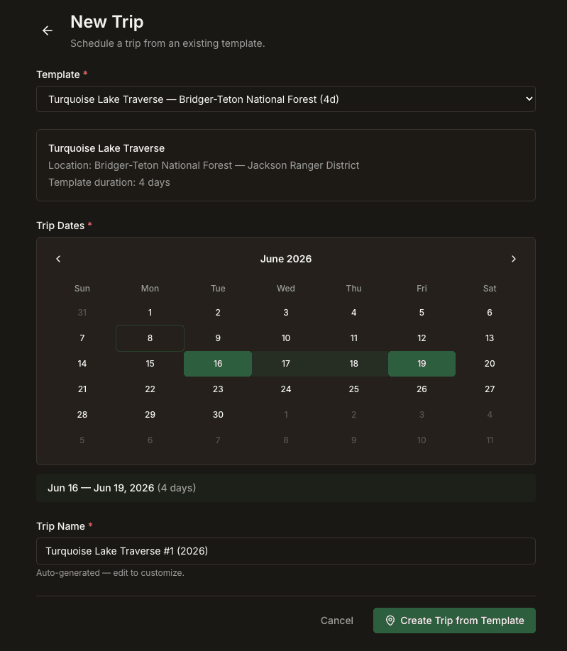 Scheduling a trip from a template in Field Risk OS. Choose dates and the new trip inherits the full plan.