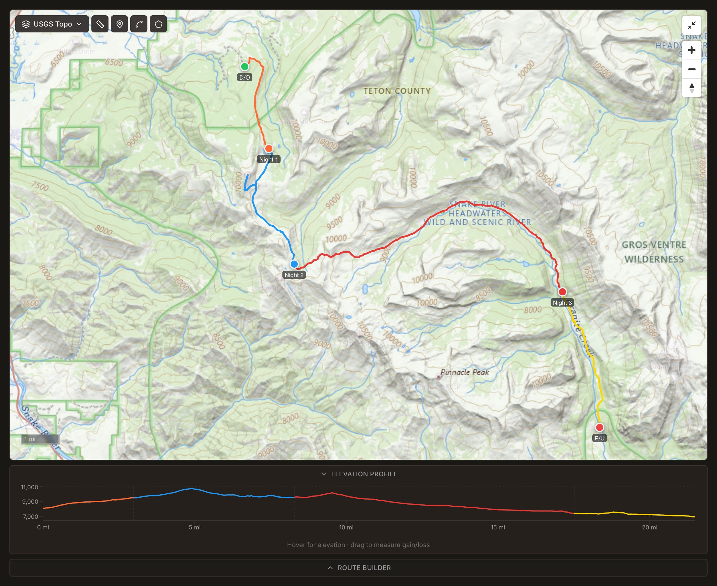 Field Risk OS route builder and trip planning on digitized USGS topographic maps, with day-by-day route legs and a live elevation profile.