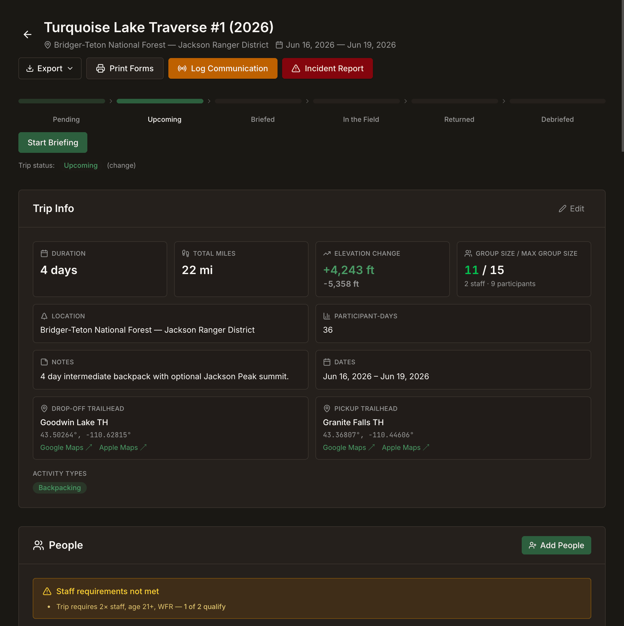 A scheduled trip in Field Risk OS moving through its lifecycle (Upcoming, Briefed, In the Field, Debriefed), with trip details and export, briefing, and reporting actions.