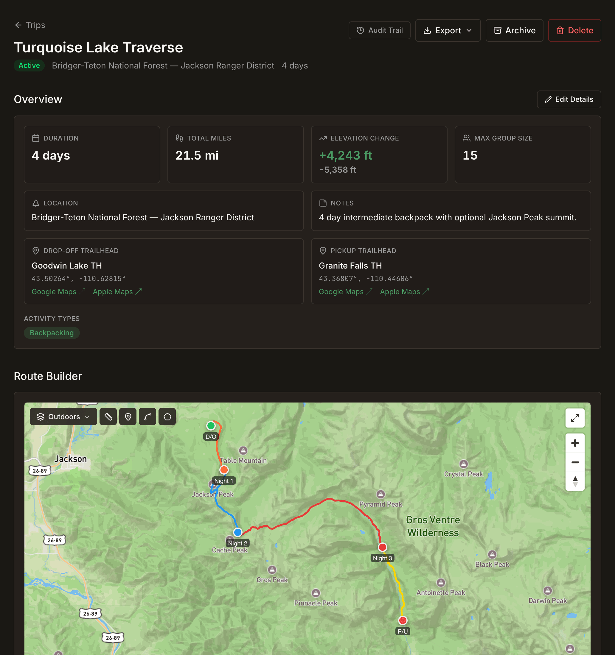 Field Risk OS trip template for the Turquoise Lake Traverse showing duration, mileage, elevation, group size, trailheads, and the route builder