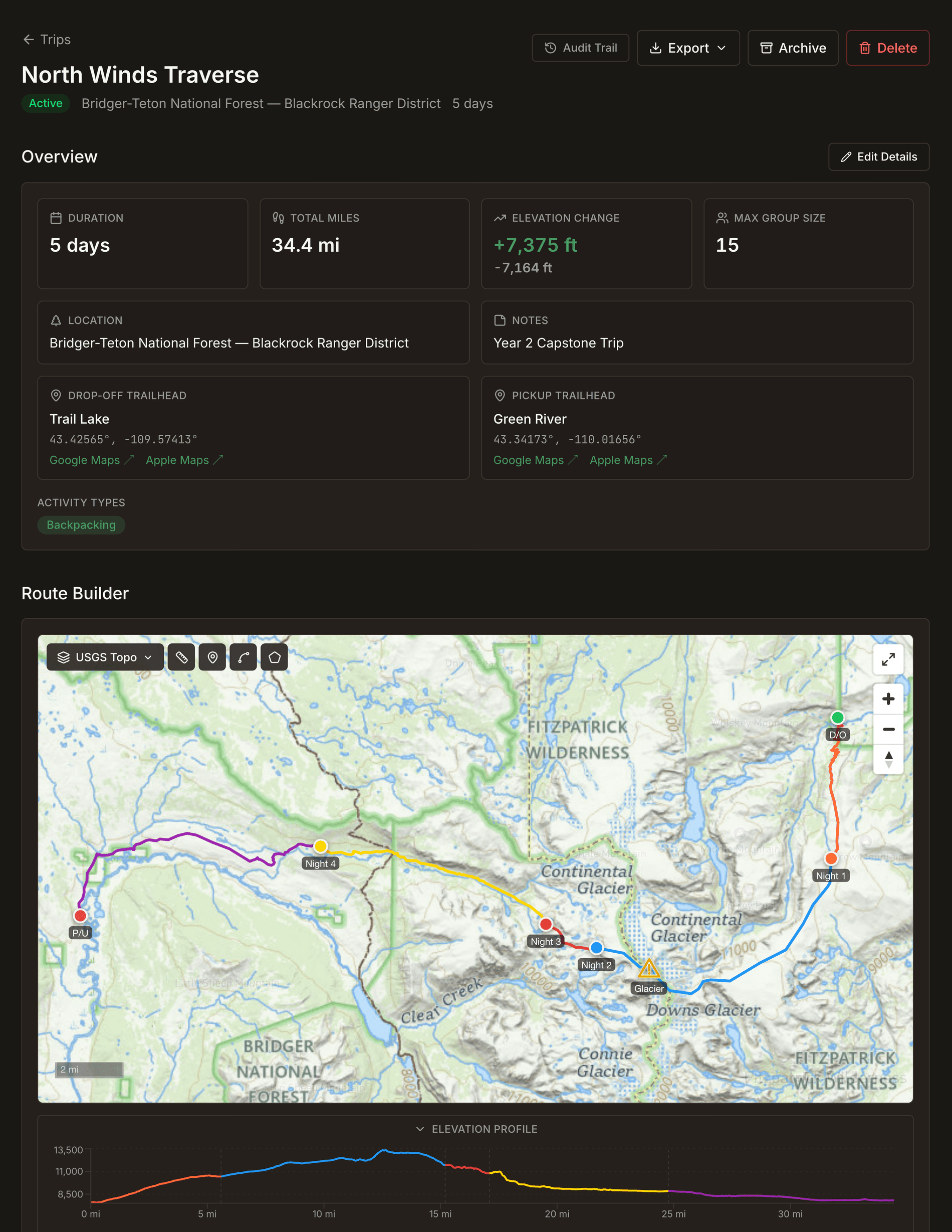 A Field Risk OS trip template, the North Winds Traverse, with overview details and the route builder.