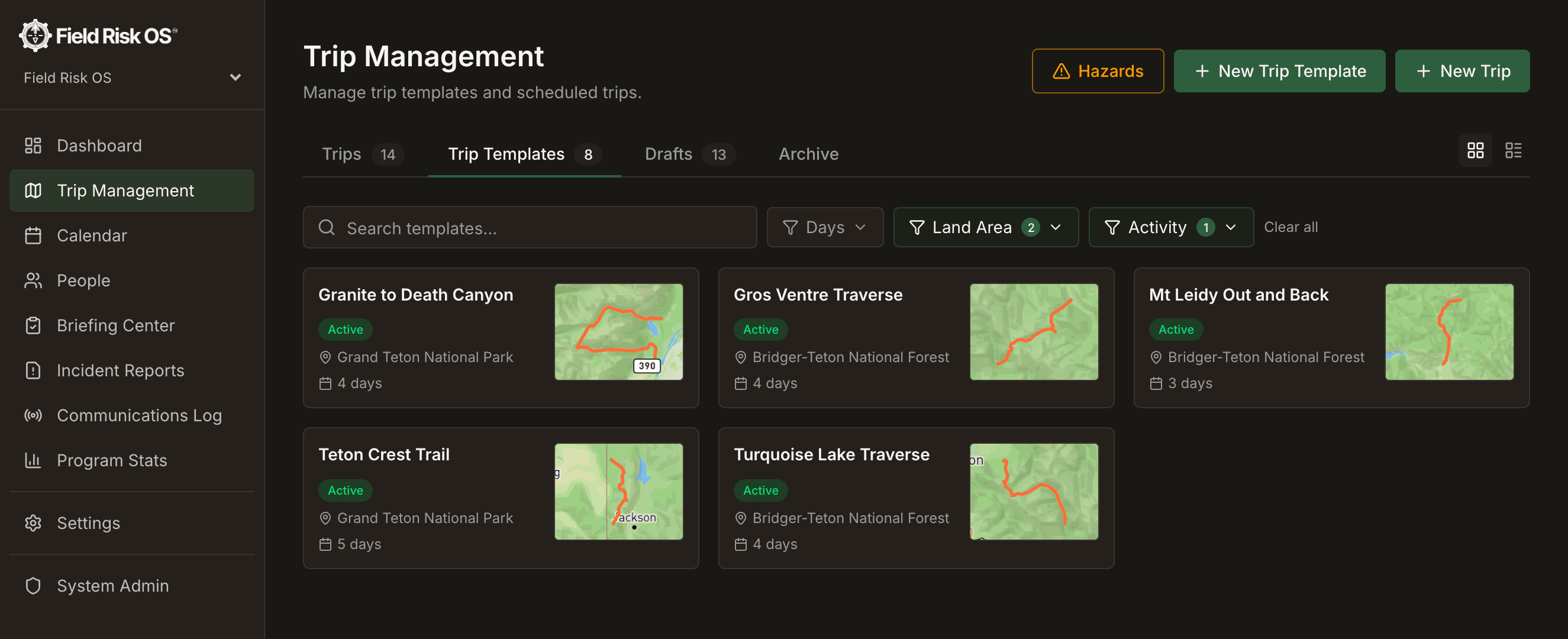 Field Risk OS trip templates, the reusable trip plans your program builds once and runs all season (and beyond).