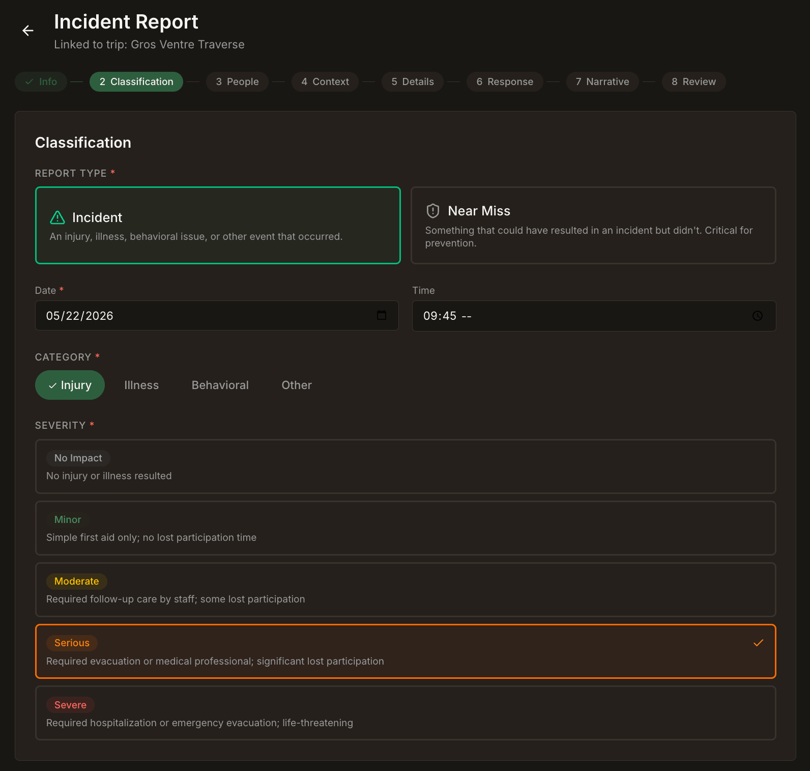 Field Risk OS incident report form with severity and contributing factors based on industry standards