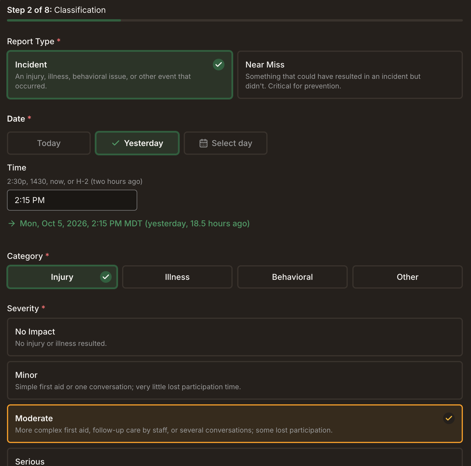 Field Risk OS incident report form with severity and contributing factors based on industry standards