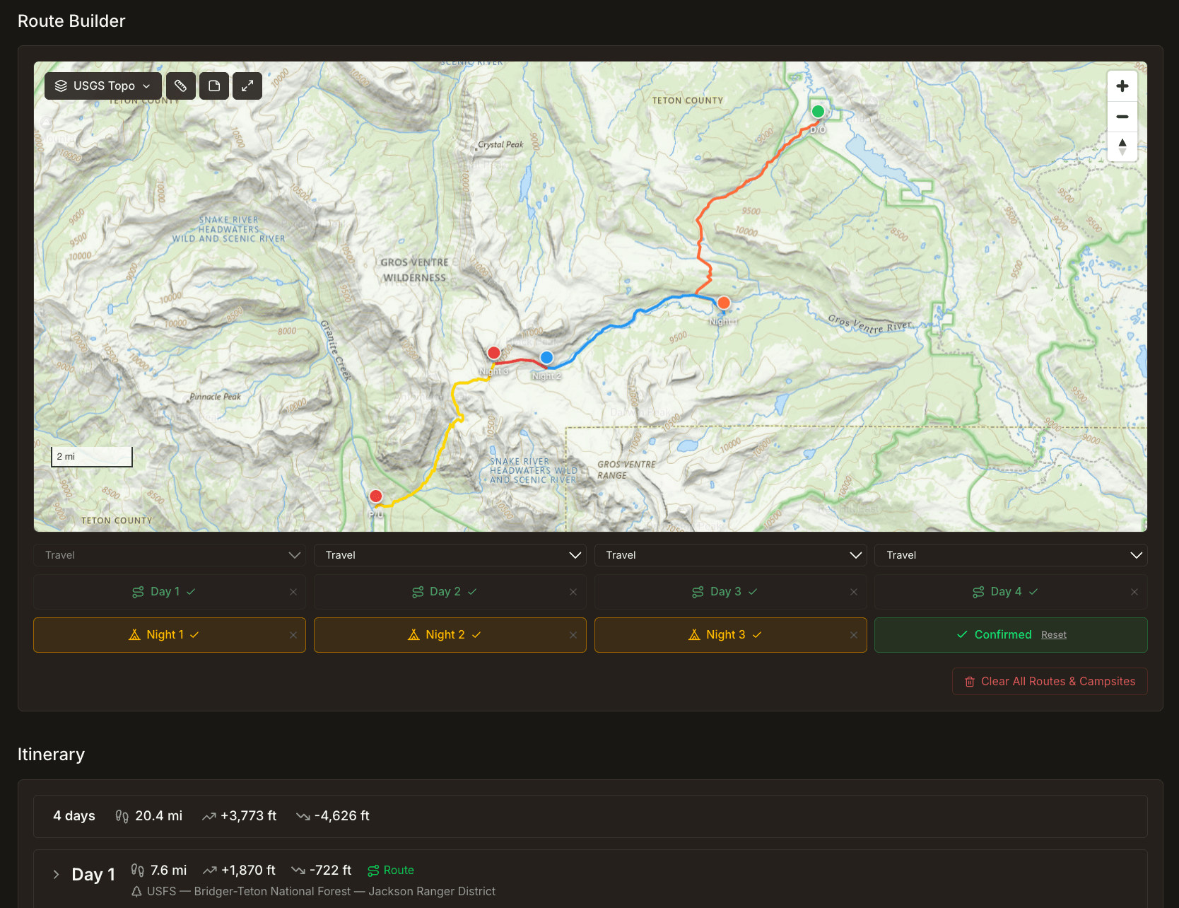 Field Risk OS trip template builder showing route map and day-by-day itinerary
