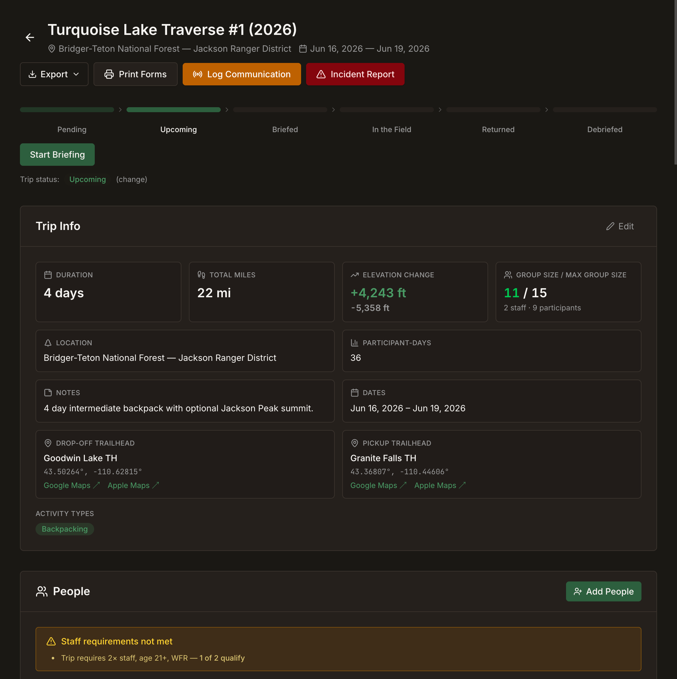 A scheduled trip in Field Risk OS moving through its lifecycle (Upcoming, Briefed, In the Field, Debriefed), with trip details and export, briefing, and reporting actions.