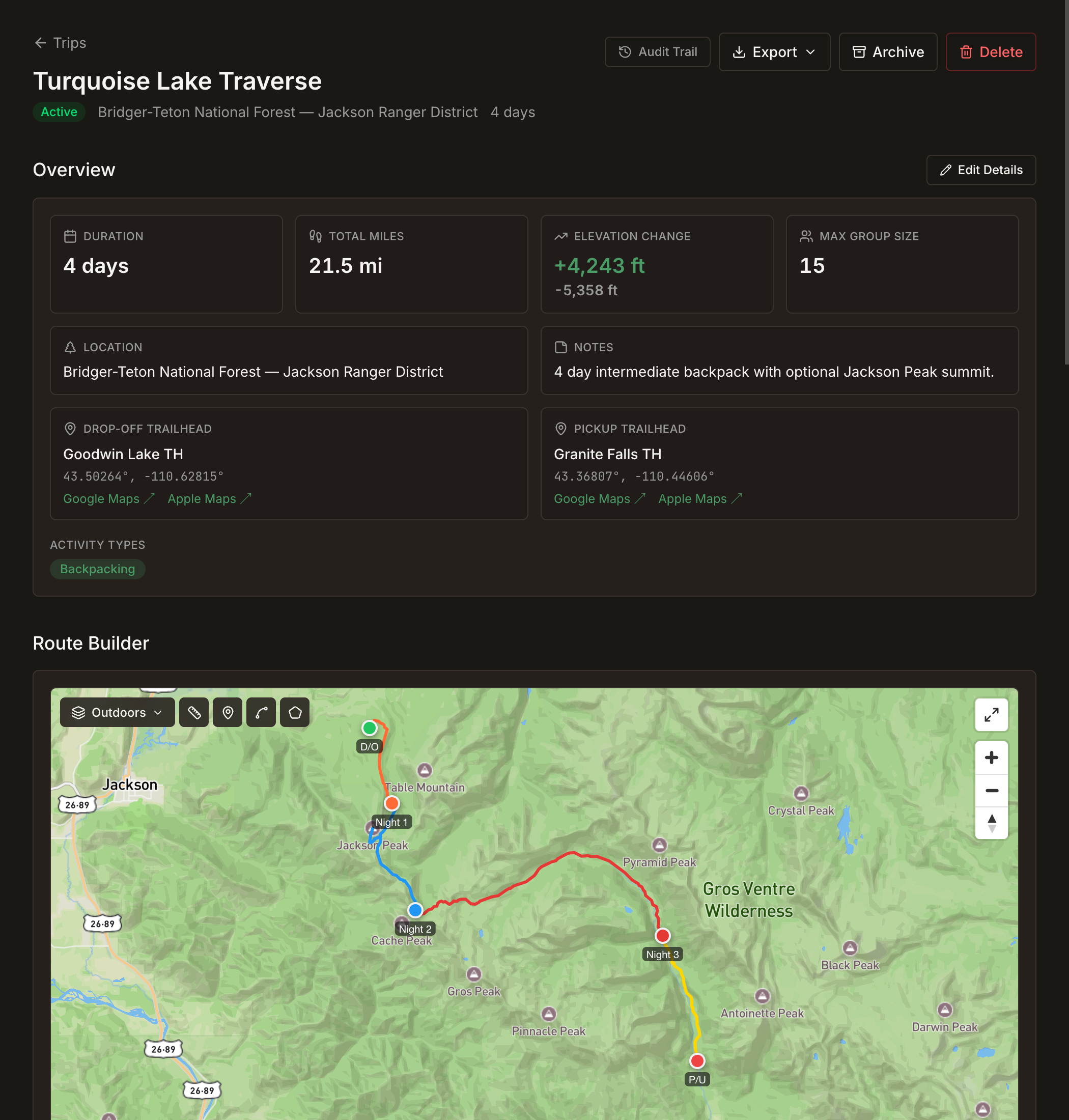 A Field Risk OS trip template, the Turquoise Lake Traverse, with overview details and the route builder.